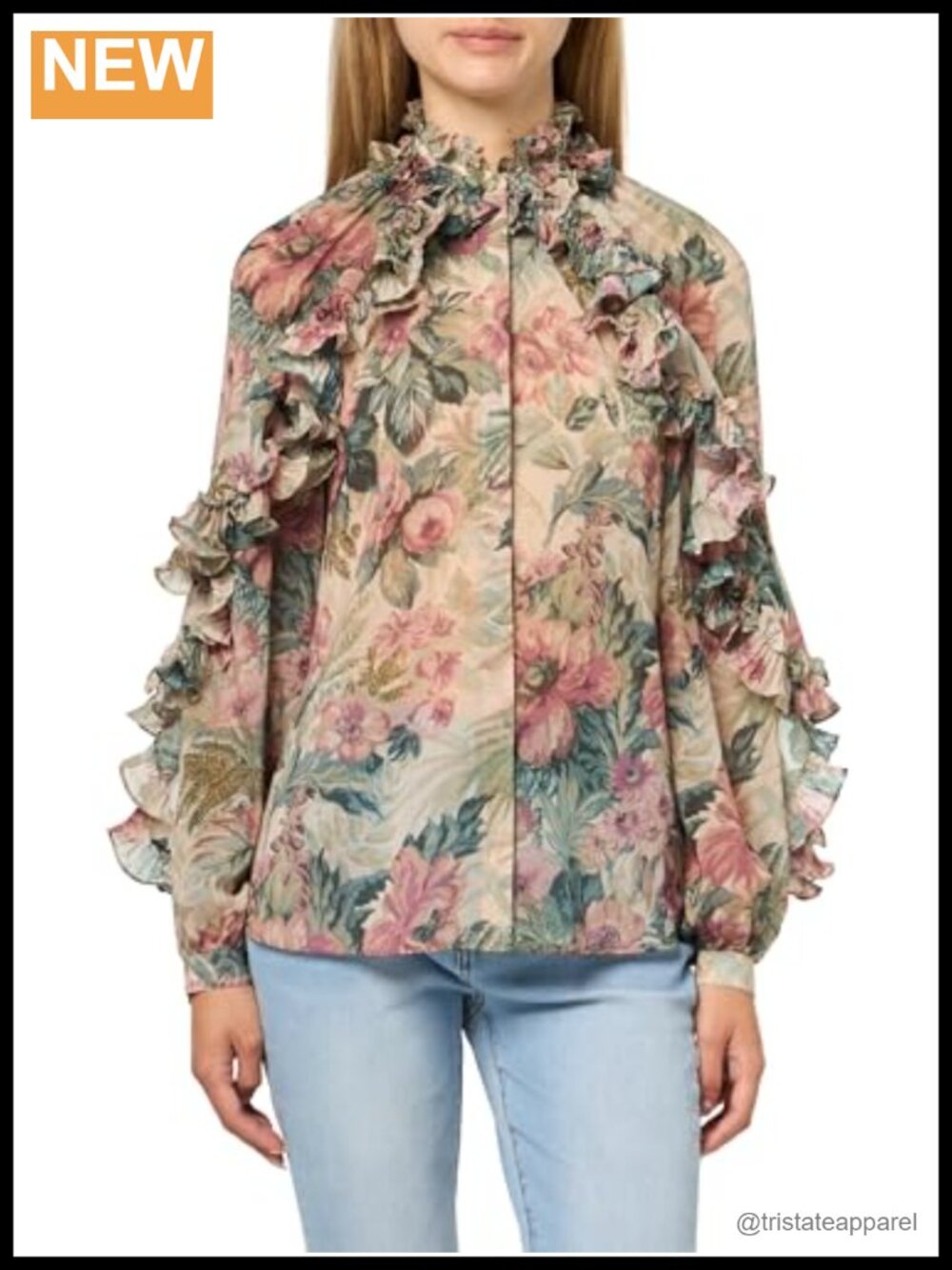 Floral Ruffle Sleeve Blouse - Relaxed Fit Casual Woven Top